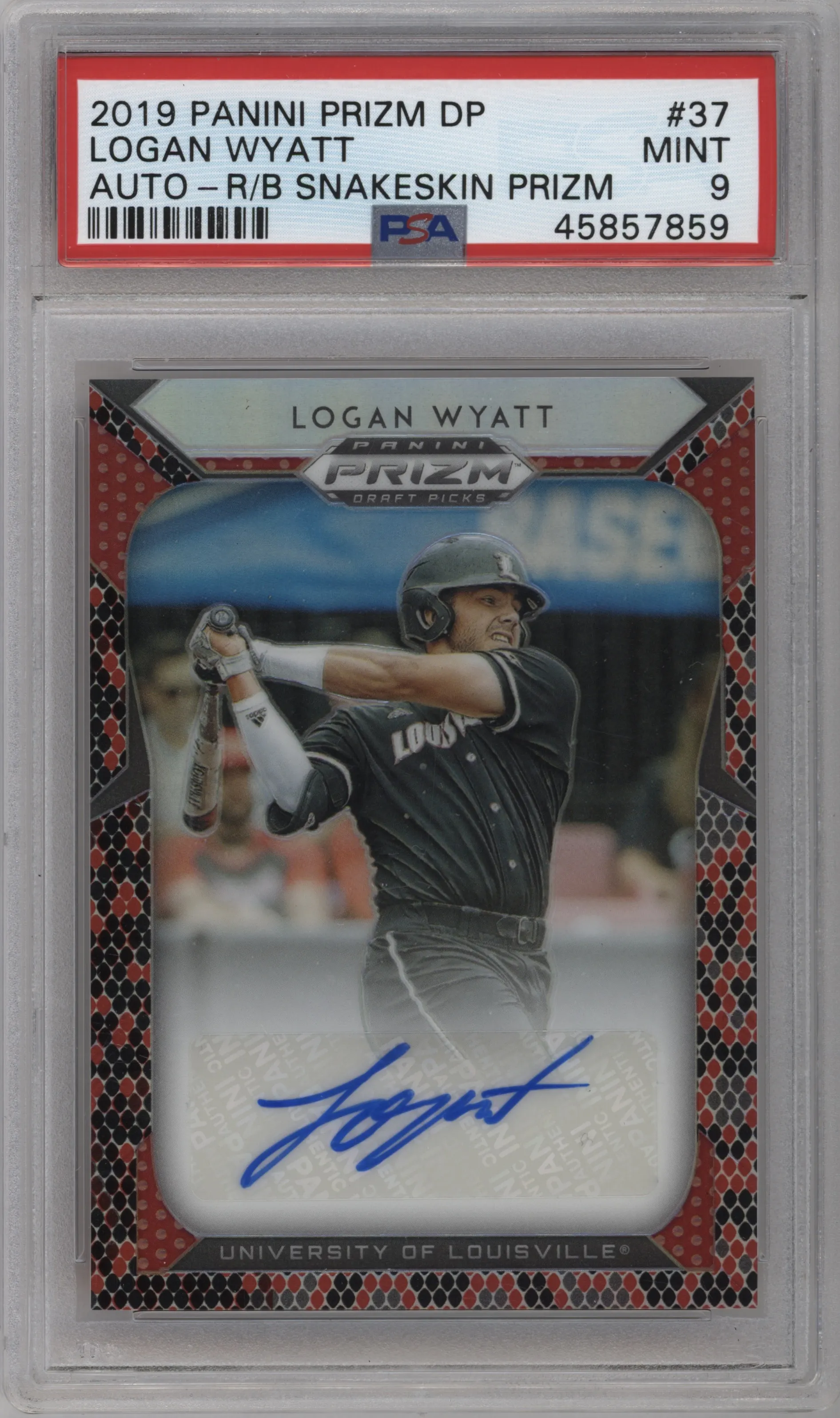 2019 Panini Prizm Draft Picks Auto Logan Wyatt Red & Black Snake Skin Prizm #37 PSA 9