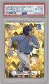 Brayden Taylor from the 2023 Bowman Draft Sapphire set featuring a Gold Refractor parallel graded by PSA and given an overall grade of 10.