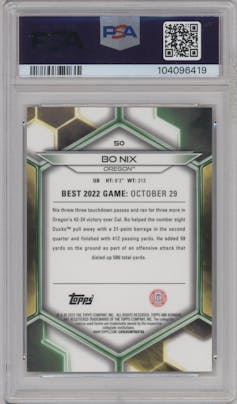 Bo Nix from the 2023 Bowman University's Best  set featuring a Pink Lava Refractor parallel graded by PSA and given an overall grade of 10.