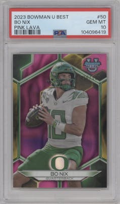 Bo Nix from the 2023 Bowman University's Best  set featuring a Pink Lava Refractor parallel graded by PSA and given an overall grade of 10.