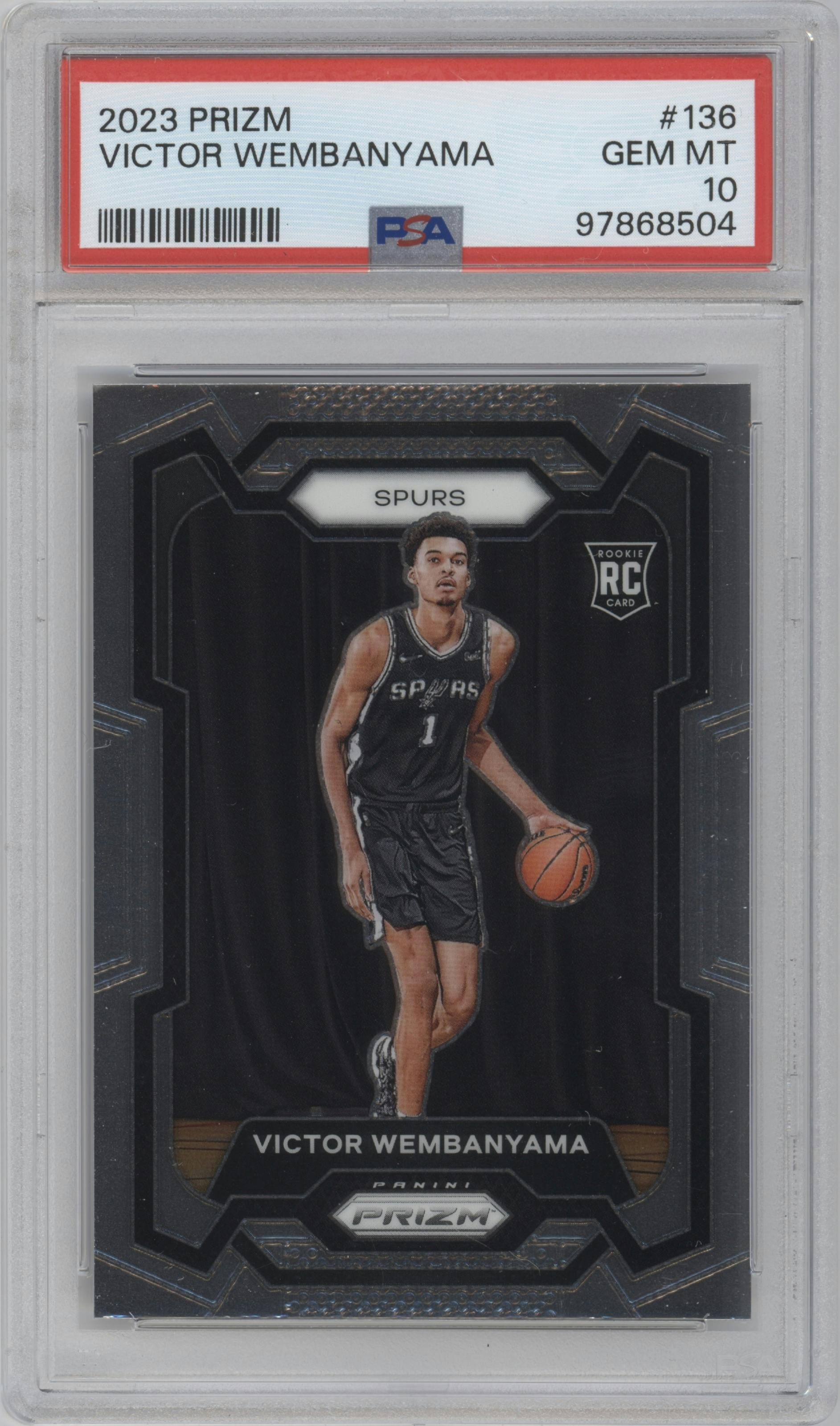 Victor Wembanyama from the 2023-24 Panini Prizm set graded by PSA and given an overall grade of 10.