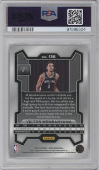 Victor Wembanyama from the 2023-24 Panini Prizm set graded by PSA and given an overall grade of 10.