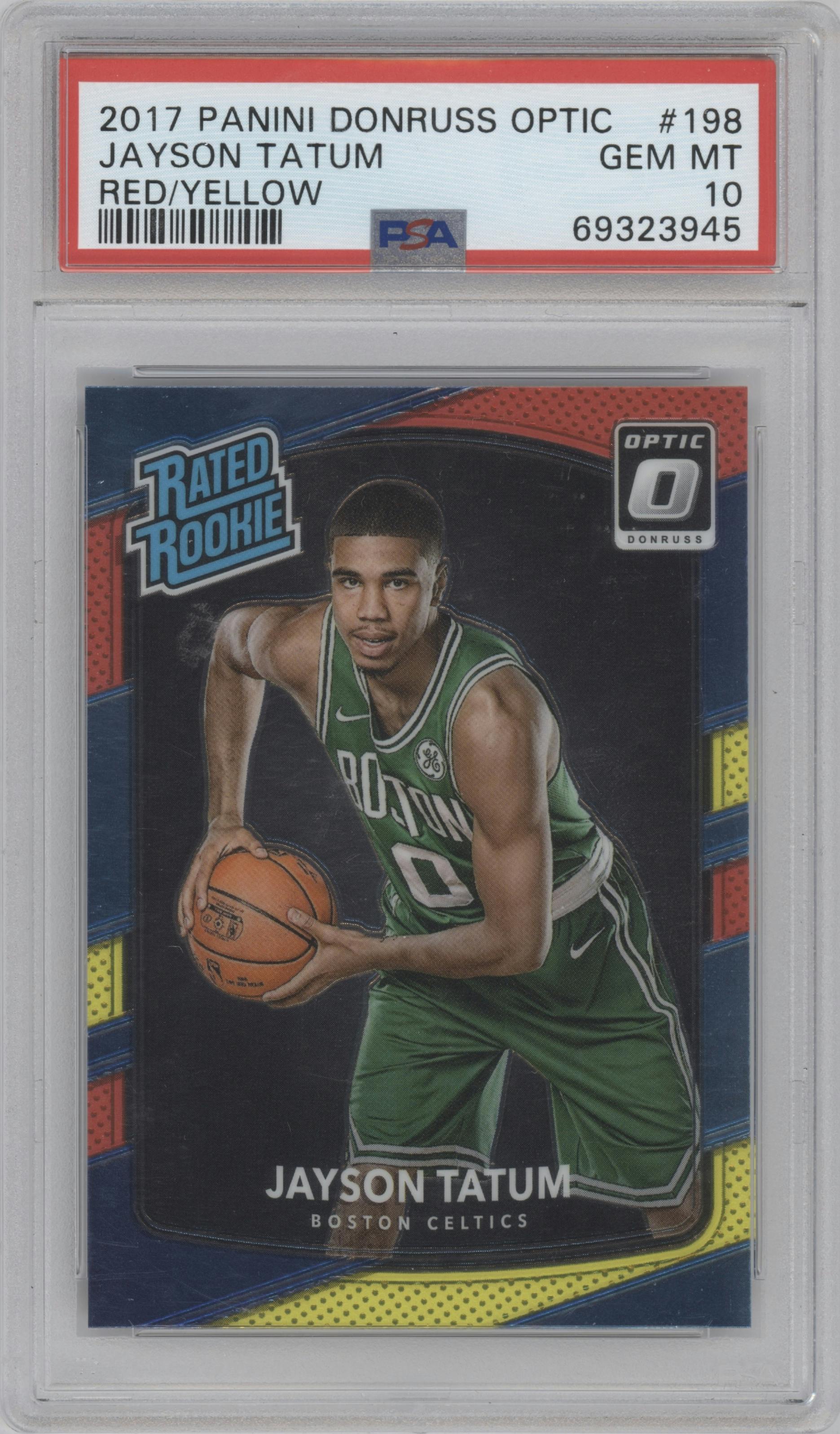 Jayson Tatum from the 2017-18 Panini Donruss Optic set featuring a Red/Yellow  parallel graded by PSA and given an overall grade of 10.