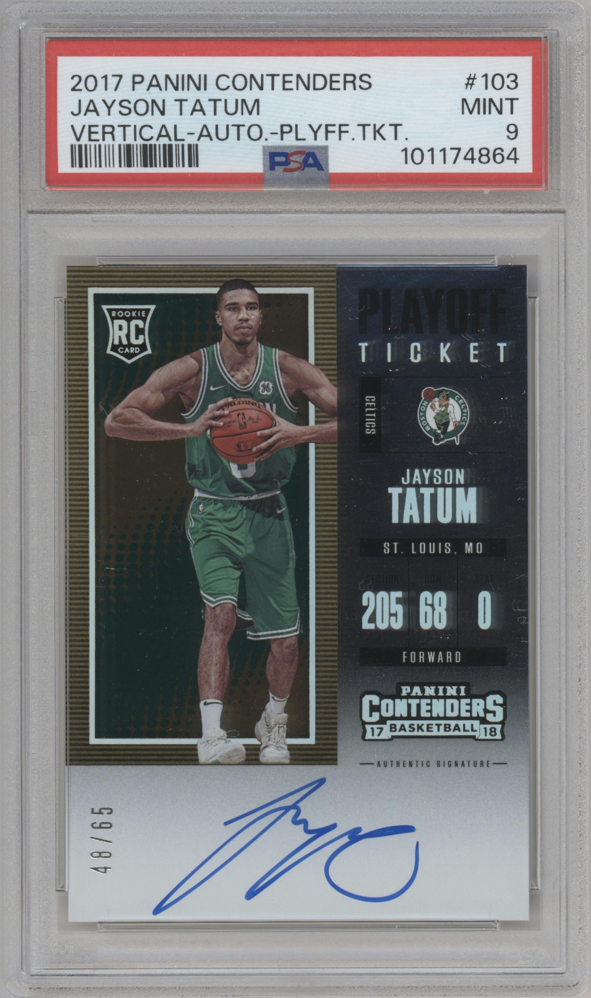 Jayson Tatum from the 2017-18 Panini Contenders set featuring a Playoff Ticket  parallel graded by PSA and given an overall grade of 9.
