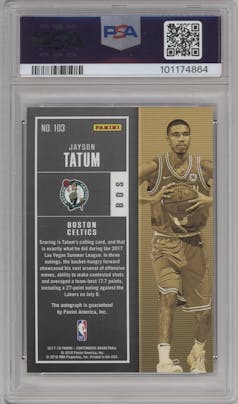 Jayson Tatum from the 2017-18 Panini Contenders set featuring a Playoff Ticket  parallel graded by PSA and given an overall grade of 9.