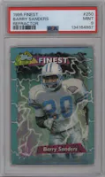 Barry Sanders from the 1995 Topps Finest set featuring a Refractor parallel graded by PSA and given an overall grade of 9.