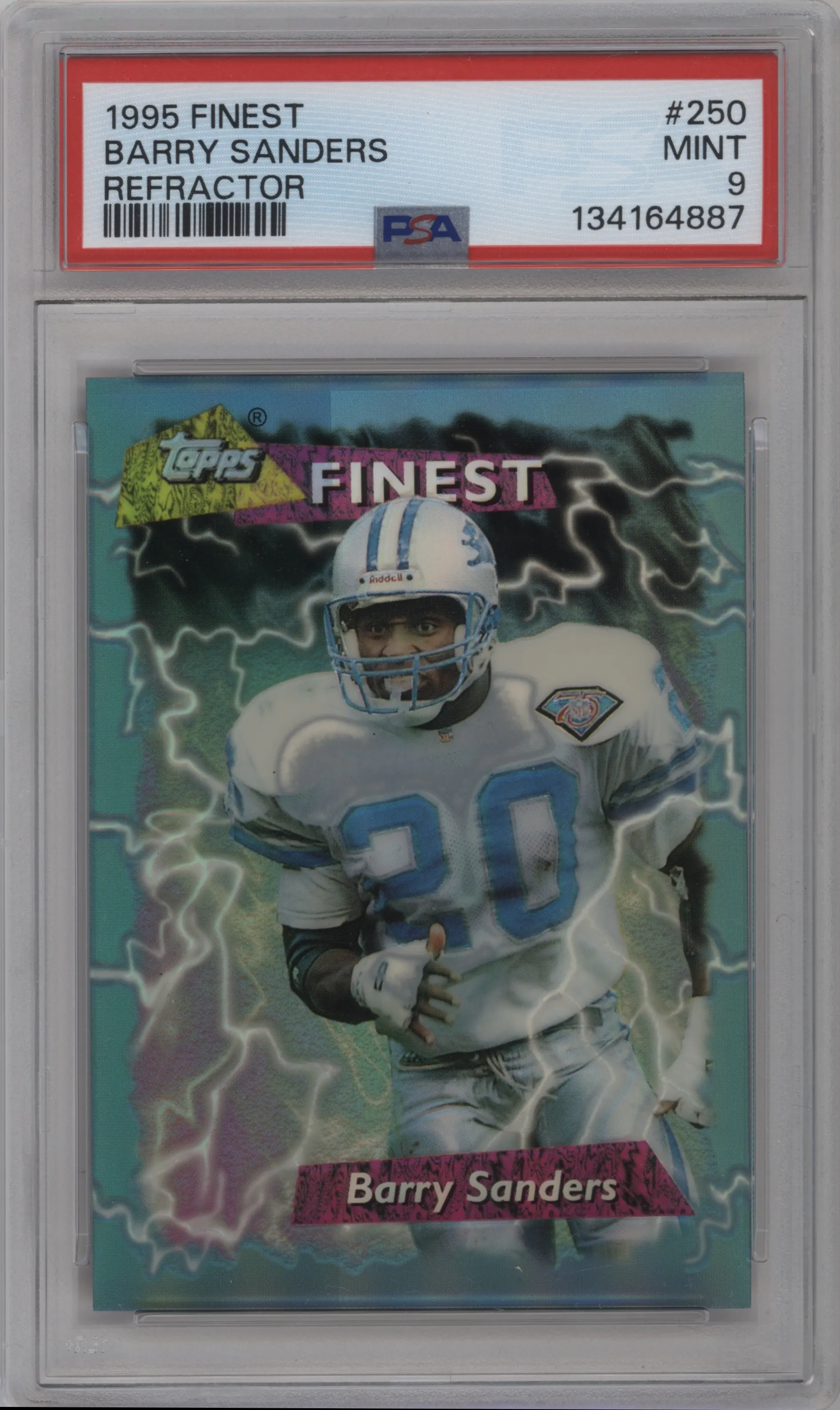 Barry Sanders from the 1995 Topps Finest set featuring a Refractor parallel graded by PSA and given an overall grade of 9.