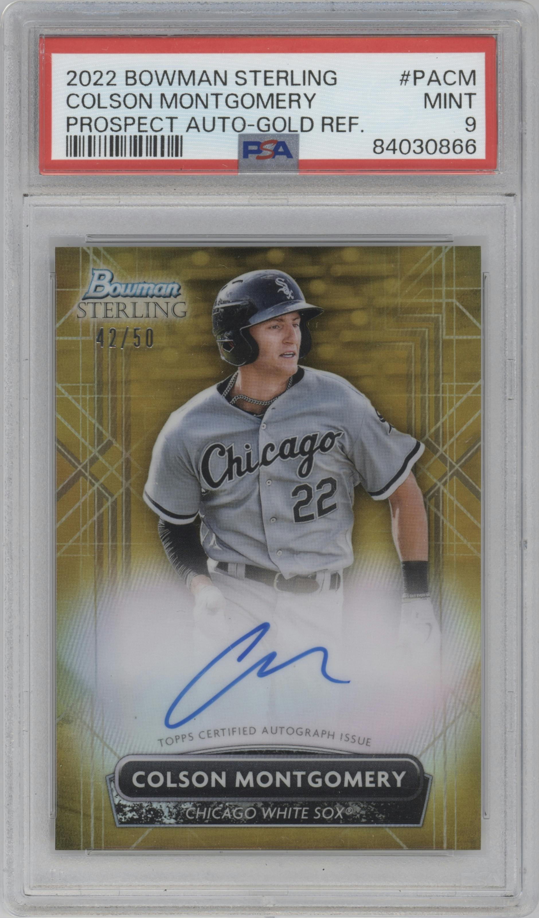 Colson Montgomery from the 2022 Bowman Sterling set featuring a Gold Refractor parallel graded by PSA and given an overall grade of 9.