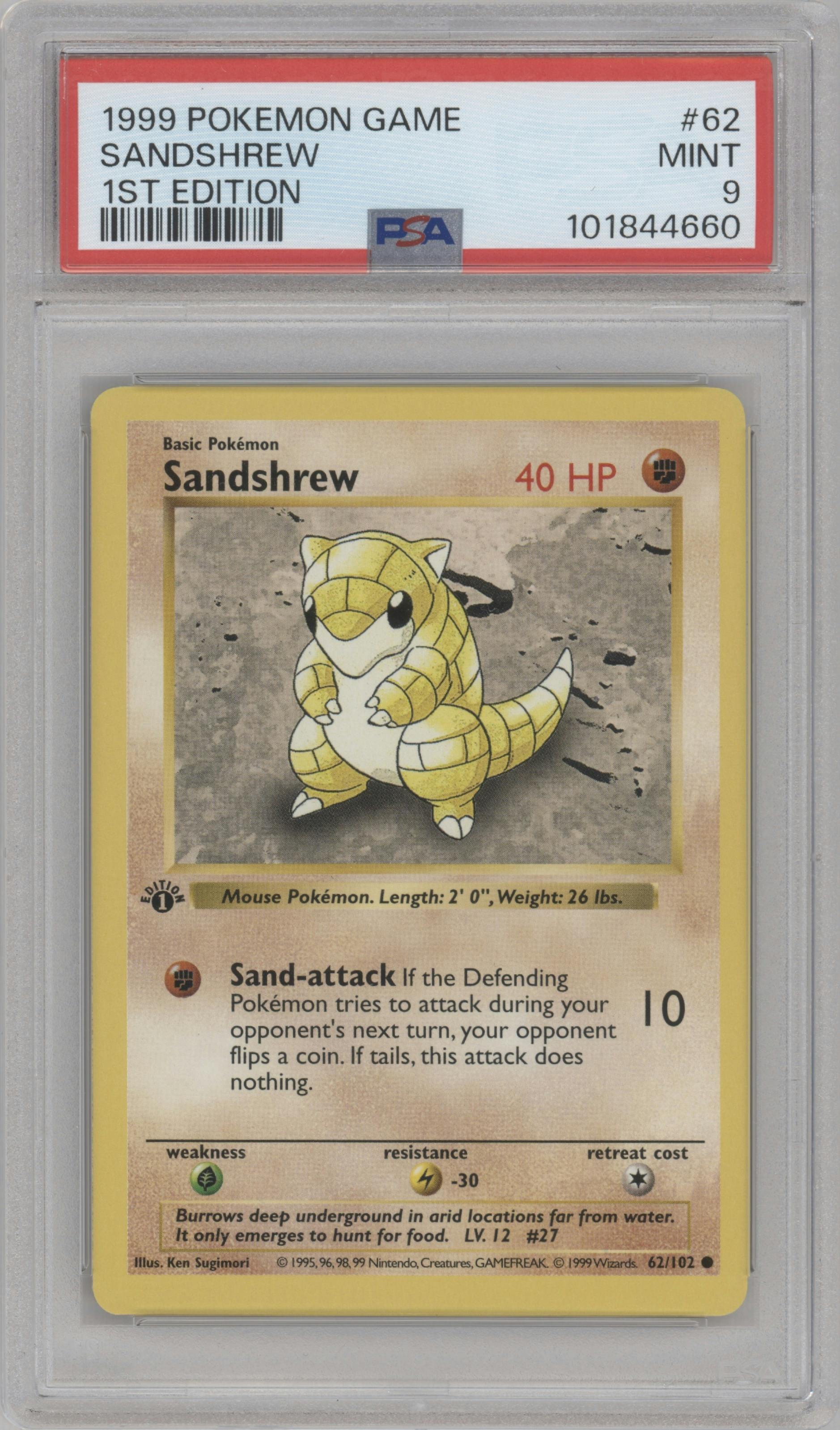 Sandshrew from the 1999 Pokemon set graded by PSA and given an overall grade of 9.