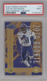 Justin Jefferson from the 2020 Panini Honors set featuring a Orange parallel graded by PSA and given an overall grade of 9.