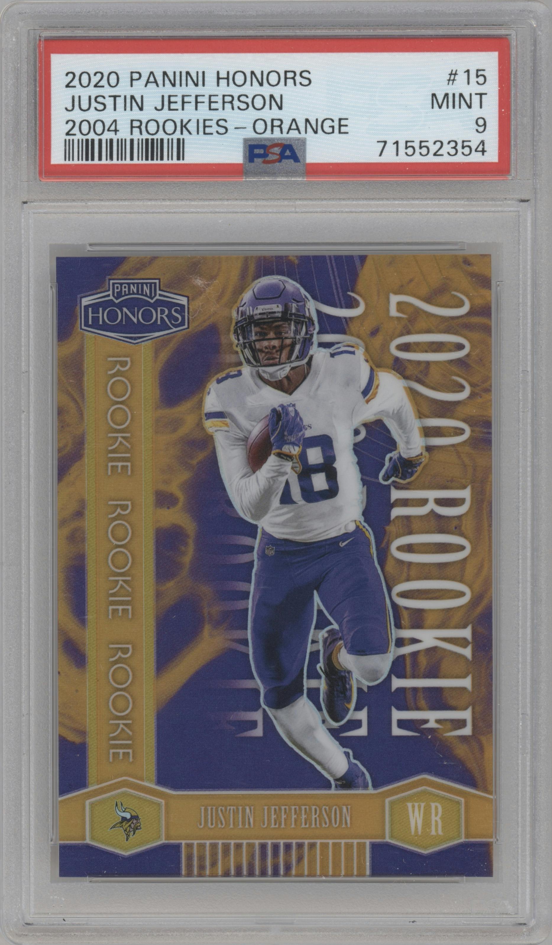 Justin Jefferson from the 2020 Panini Honors set featuring a Orange parallel graded by PSA and given an overall grade of 9.