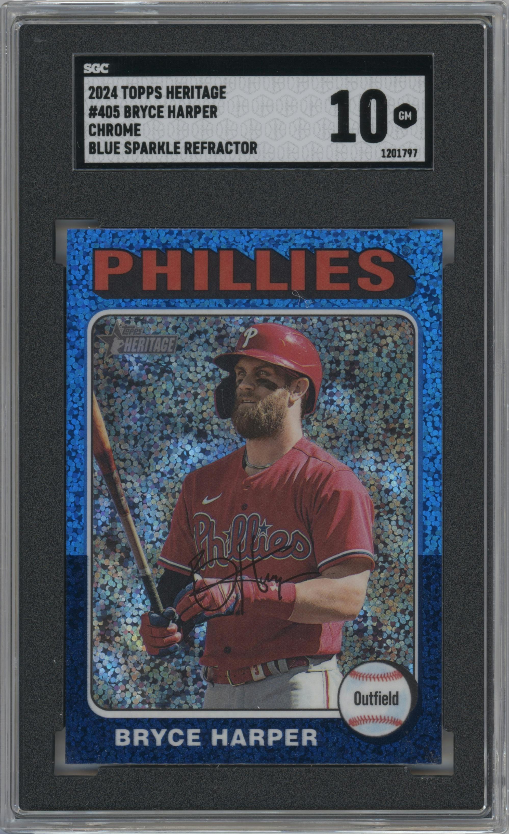 Bryce Harper from the 2024 Topps Heritage set featuring a Chrome Blue Sparkle Refractor parallel graded by SGC and given an overall grade of 10.