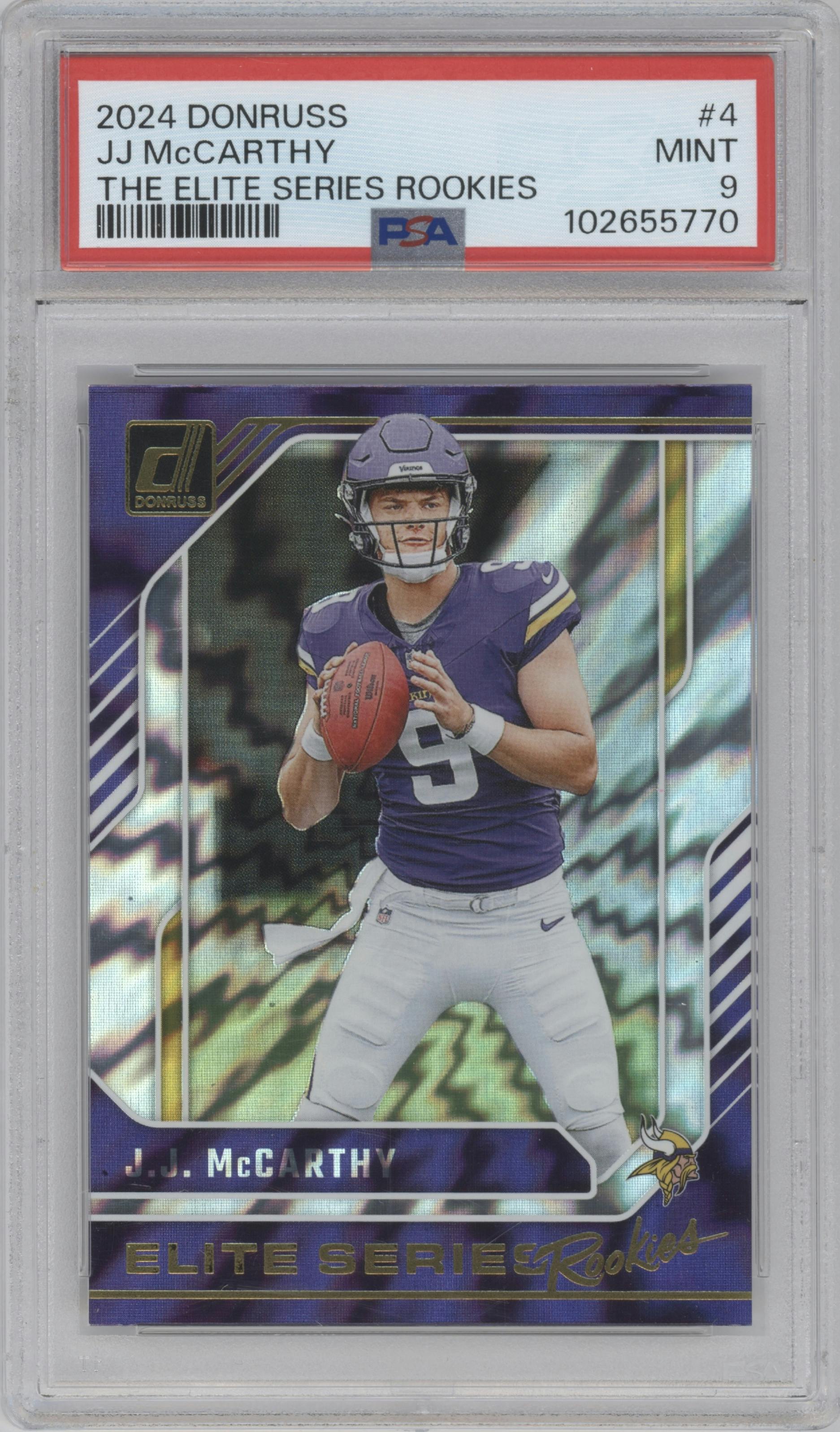 J.J. McCarthy from the 2024 Donruss set graded by PSA and given an overall grade of 9.