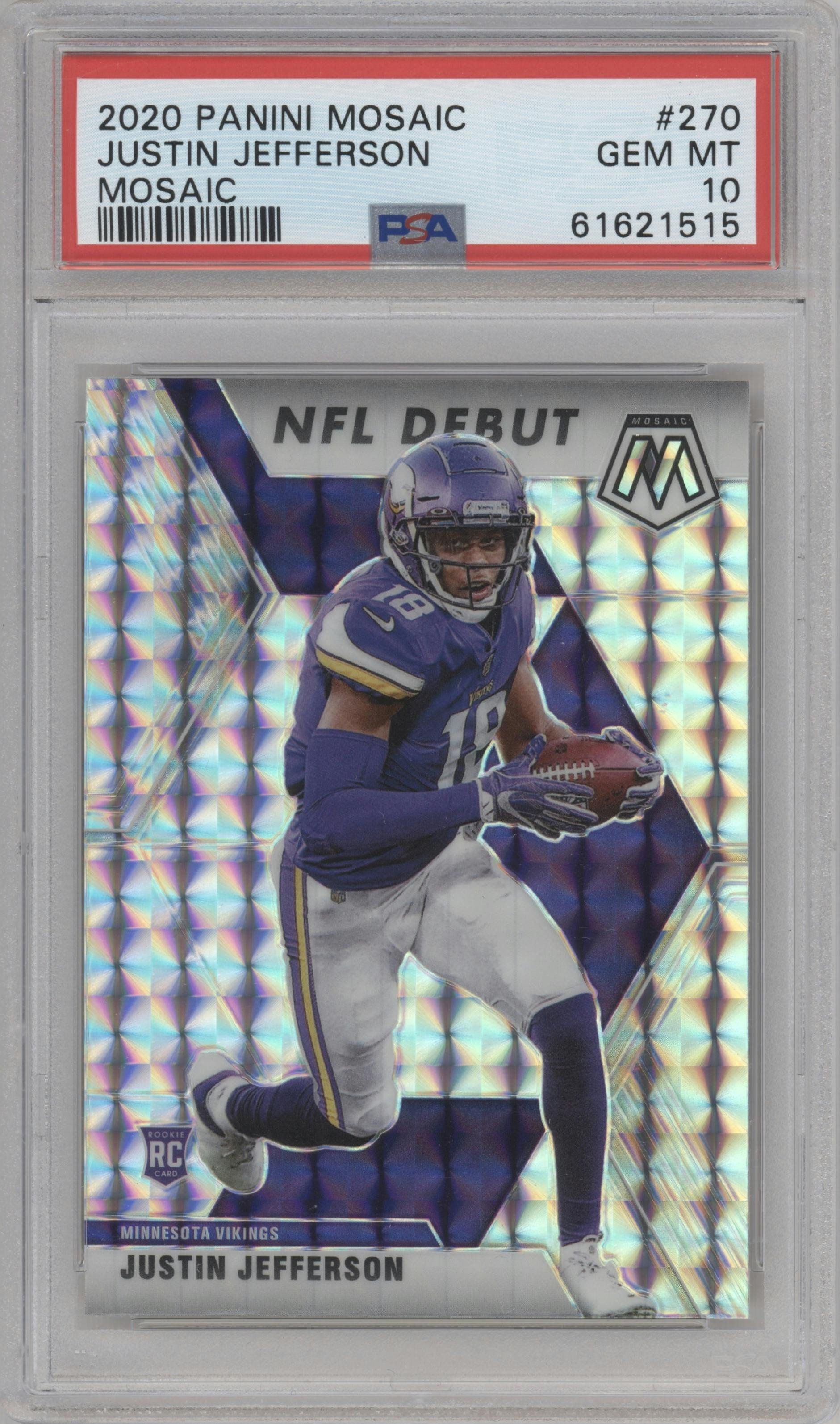 Justin Jefferson from the 2020 Panini Mosaic set featuring a Mosaic parallel graded by PSA and given an overall grade of 10.