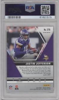 Justin Jefferson from the 2020 Panini Mosaic set featuring a Mosaic parallel graded by PSA and given an overall grade of 10.