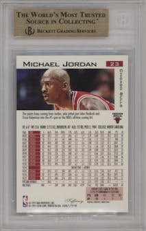 Michael Jordan from the 1997-98 Fleer set featuring a Tiffany parallel graded by Beckett and given an overall grade of 9.5.