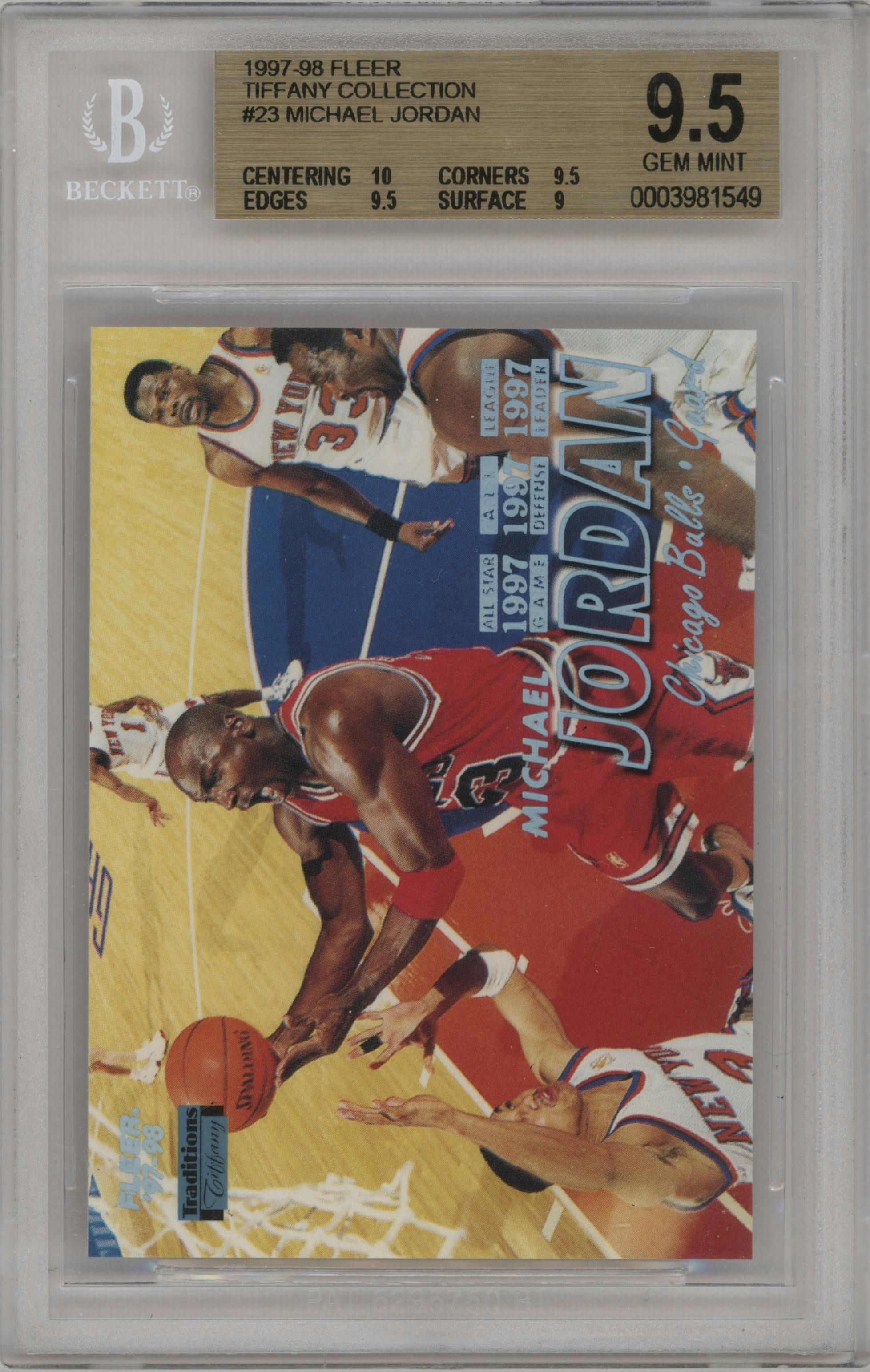 Michael Jordan from the 1997-98 Fleer set featuring a Tiffany parallel graded by Beckett and given an overall grade of 9.5.
