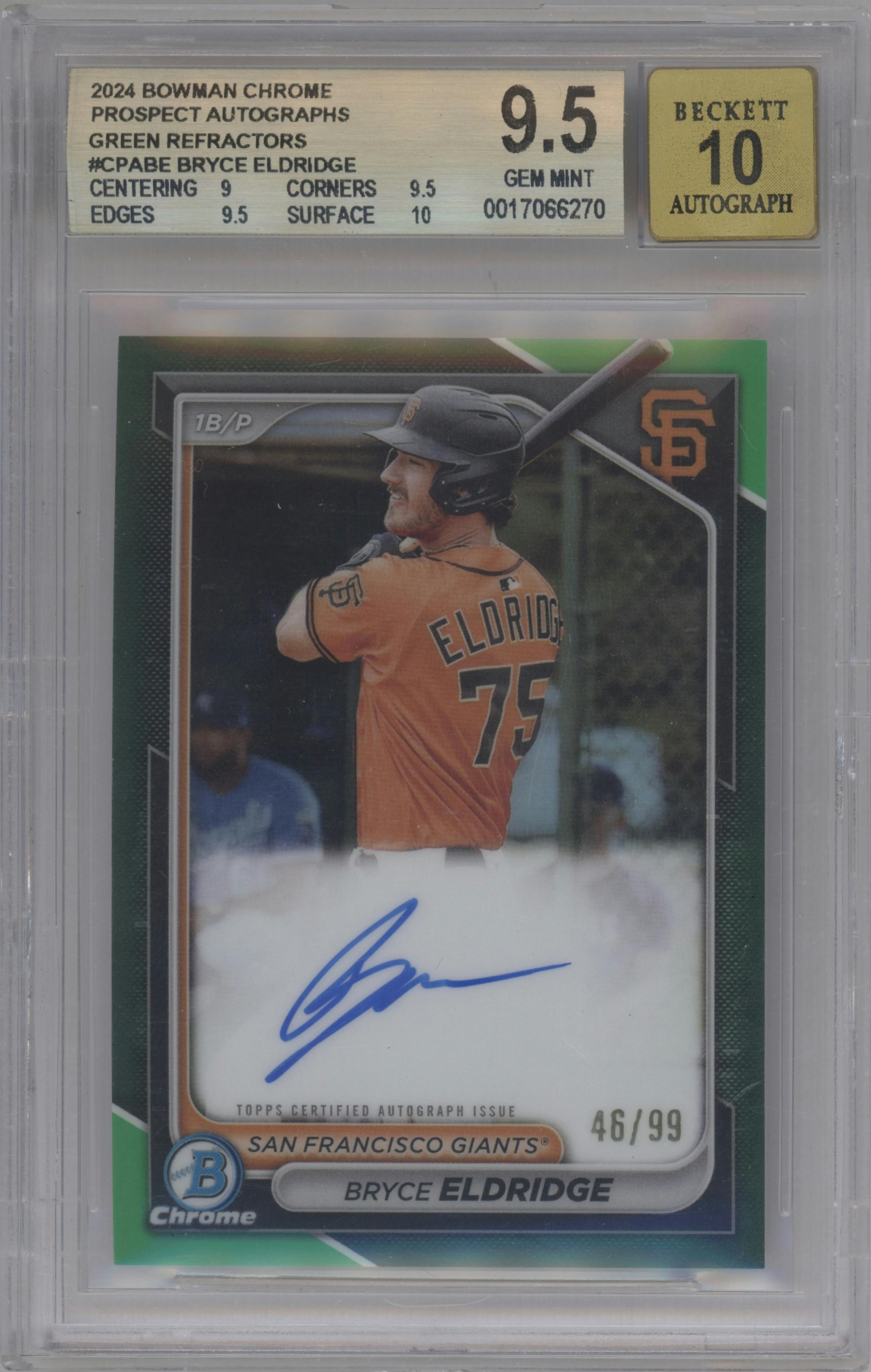 Bryce Eldridge from the 2024 Bowman Chrome set featuring a Green Refractor parallel graded by Beckett and given an overall grade of 9.5.