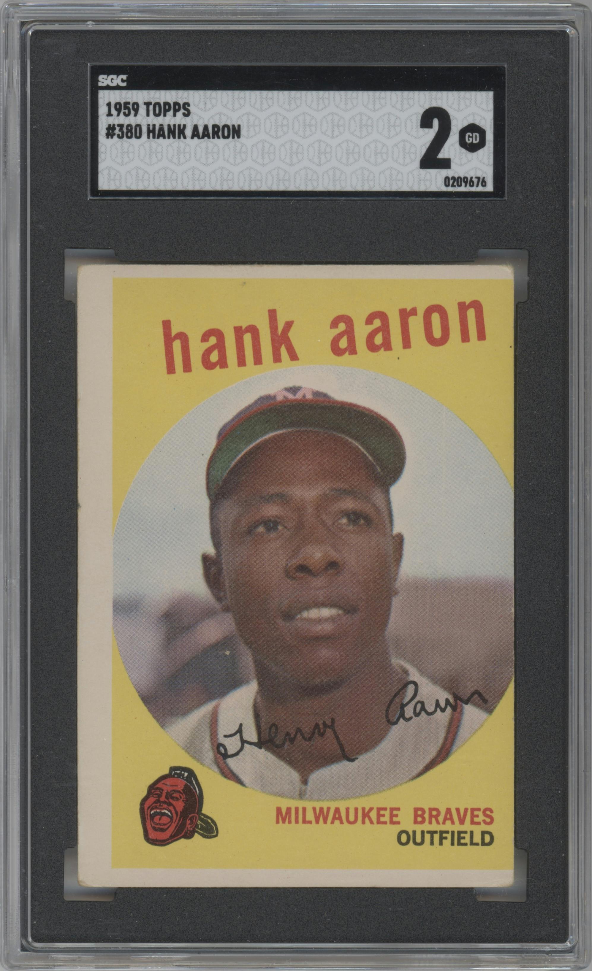 Hank Aaron from the 1959 Topps set graded by SGC and given an overall grade of 2.