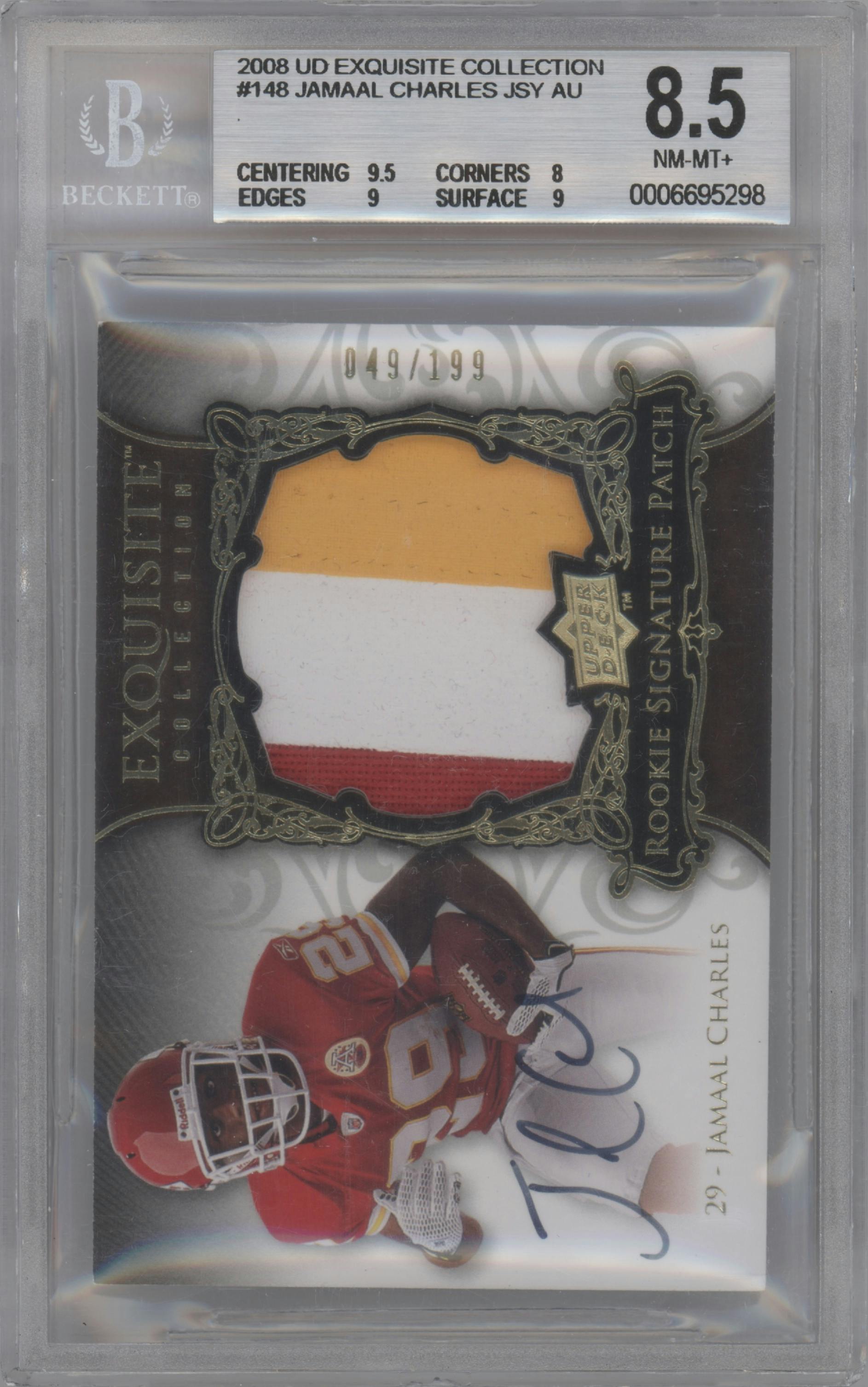 Jamaal Charles from the 2008 Upper Deck Exquisite Collection set graded by Beckett and given an overall grade of 8.5.