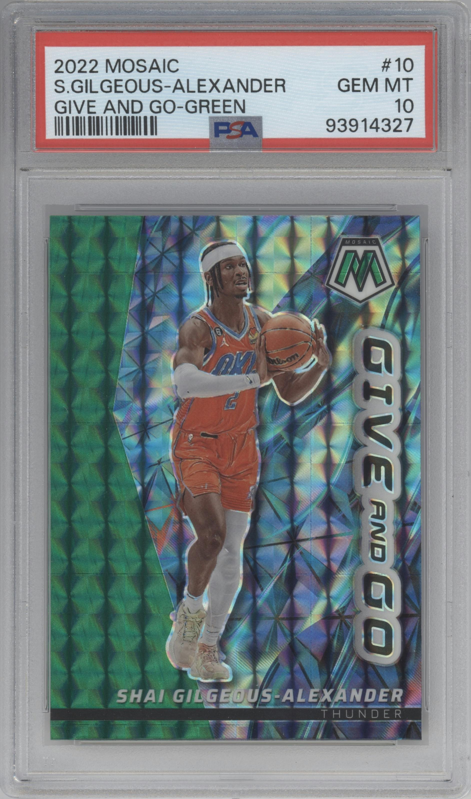 Shai Gilgeous-Alexander from the 2022-23 Panini Mosaic set featuring a Green Mosaic parallel graded by PSA and given an overall grade of 10.