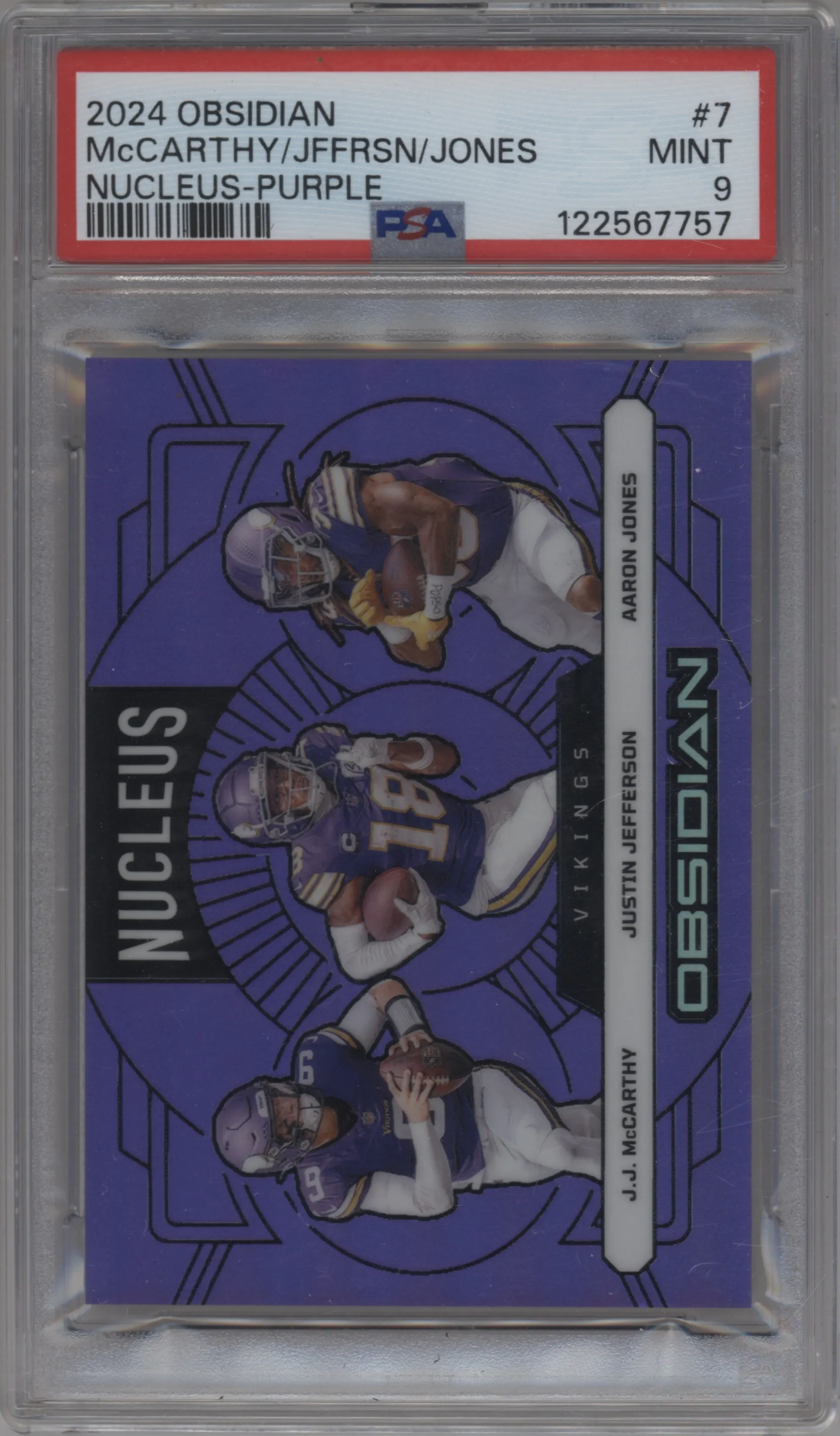 2024 Panini Obsidian Nucleus Aaron Jones/J.J. McCarthy/Justin Jefferson Purple #7 PSA 9