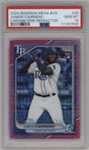 Junior Caminero from the 2024 Bowman Mega Box set featuring a Pink Refractor parallel graded by PSA and given an overall grade of 10.