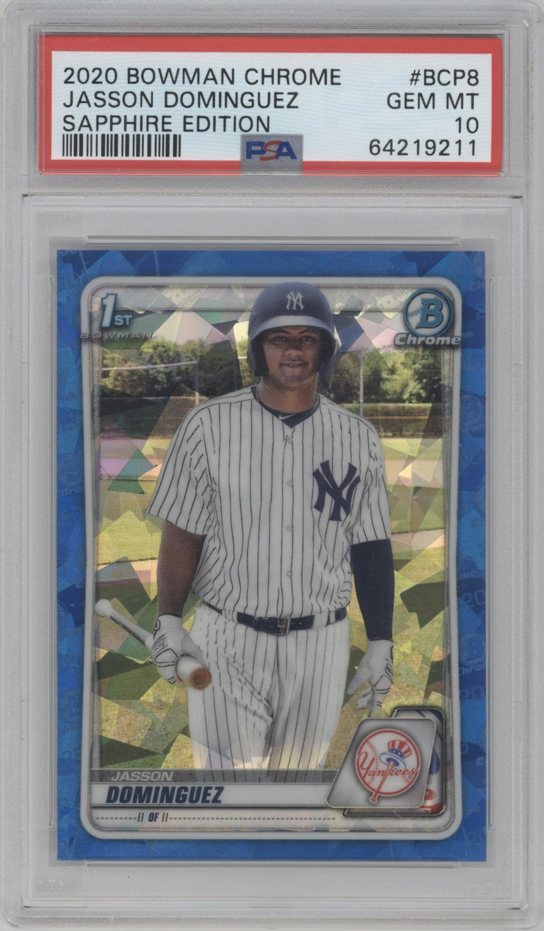 Jasson Dominguez from the 2020 Bowman Sapphire Edition set graded by PSA and given an overall grade of 10.