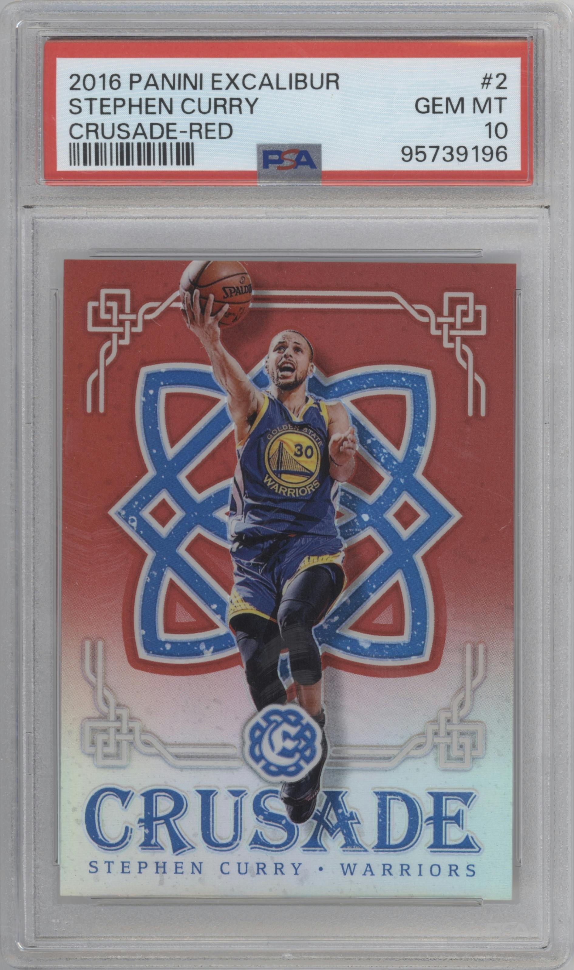 Stephen Curry from the 2016-17 Panini Excalibur set featuring a Red parallel graded by PSA and given an overall grade of 10.