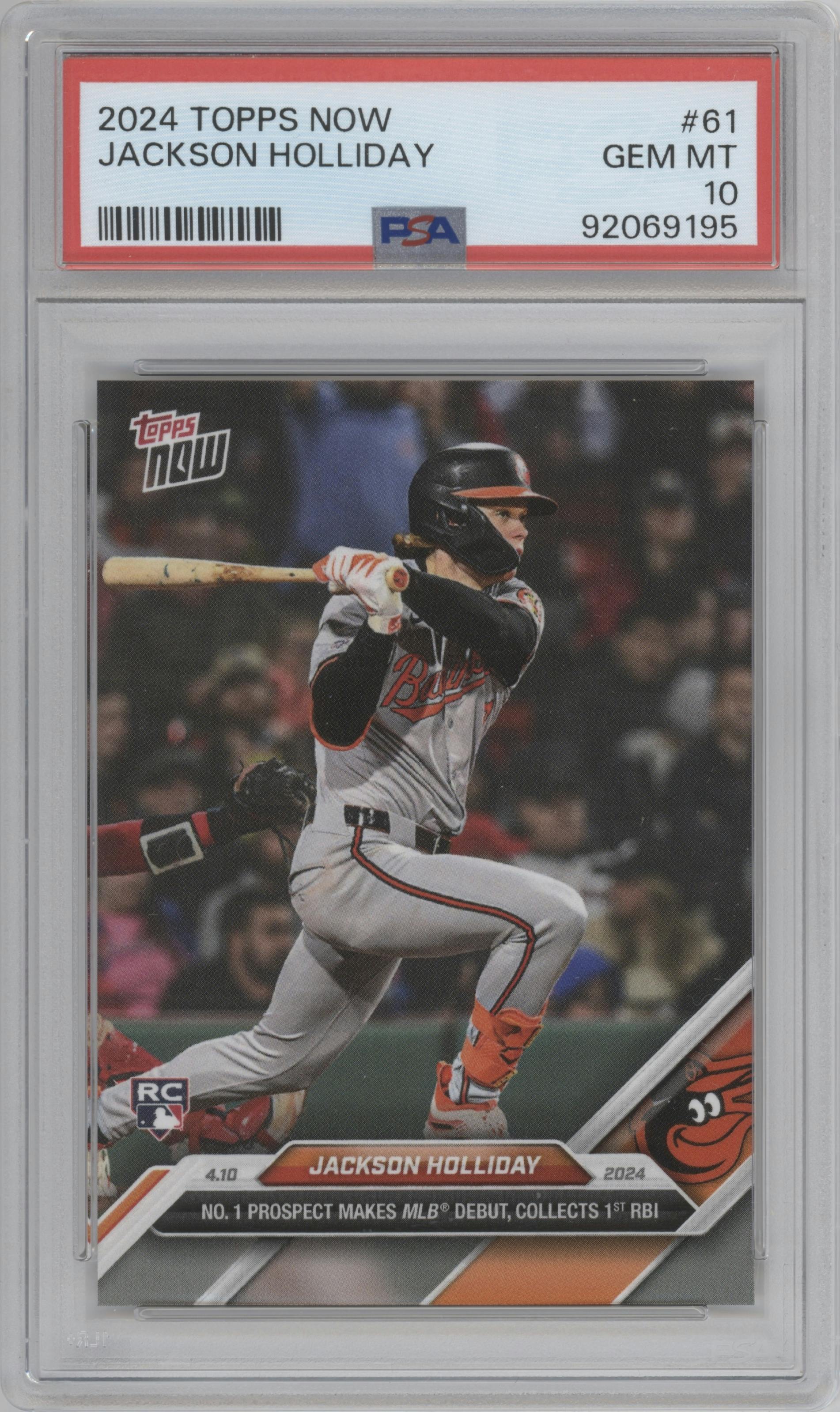 Jackson Holliday from the 2024 Topps Now set graded by PSA and given an overall grade of 10.
