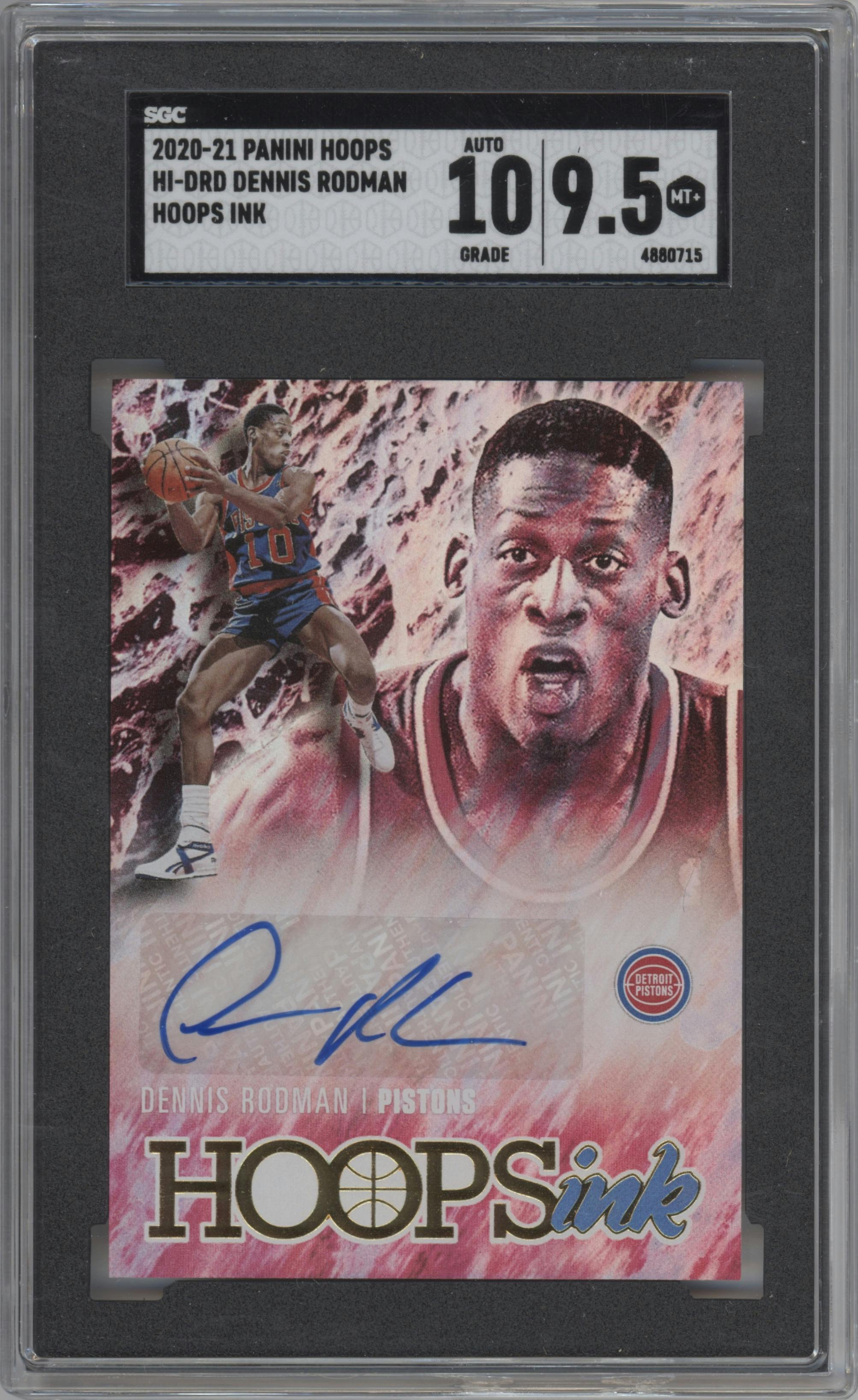 Dennis Rodman from the 2020-21 Panini NBA Hoops set graded by SGC and given an overall grade of 9.5.
