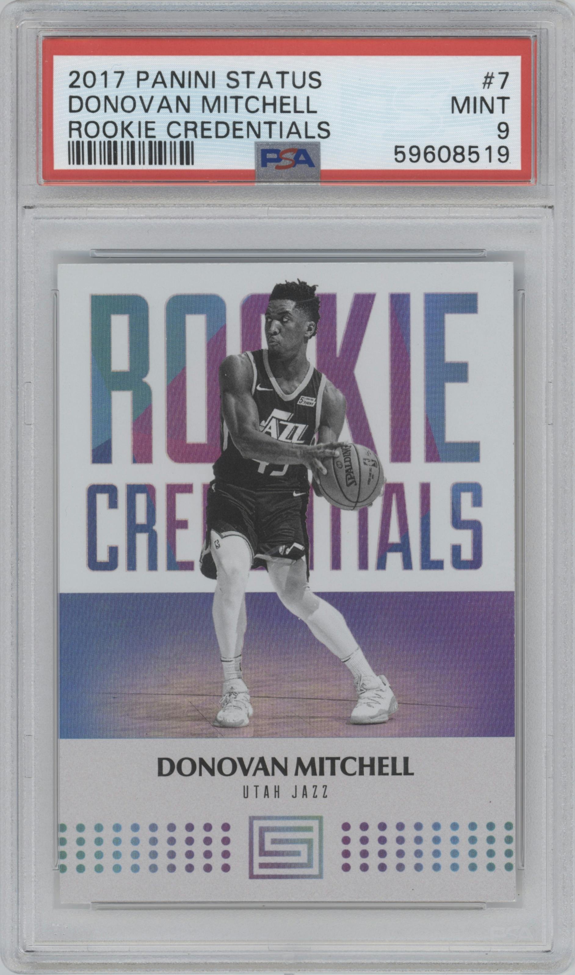 Donovan Mitchell from the 2017-18 Panini Status set graded by PSA and given an overall grade of 9.