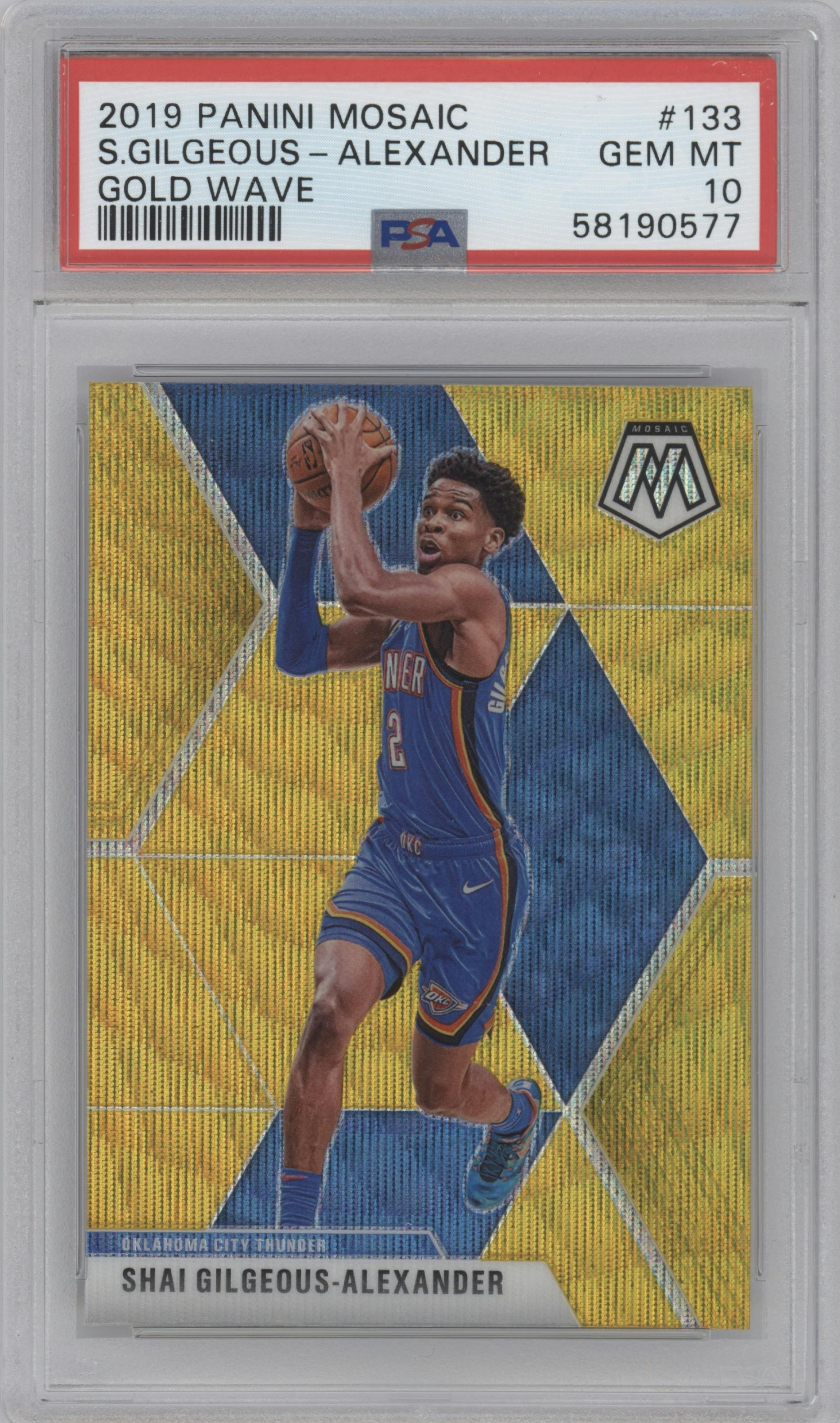 Shai Gilgeous-Alexander from the 2019-20 Panini Mosaic  set featuring a Gold Wave parallel graded by PSA and given an overall grade of 10.