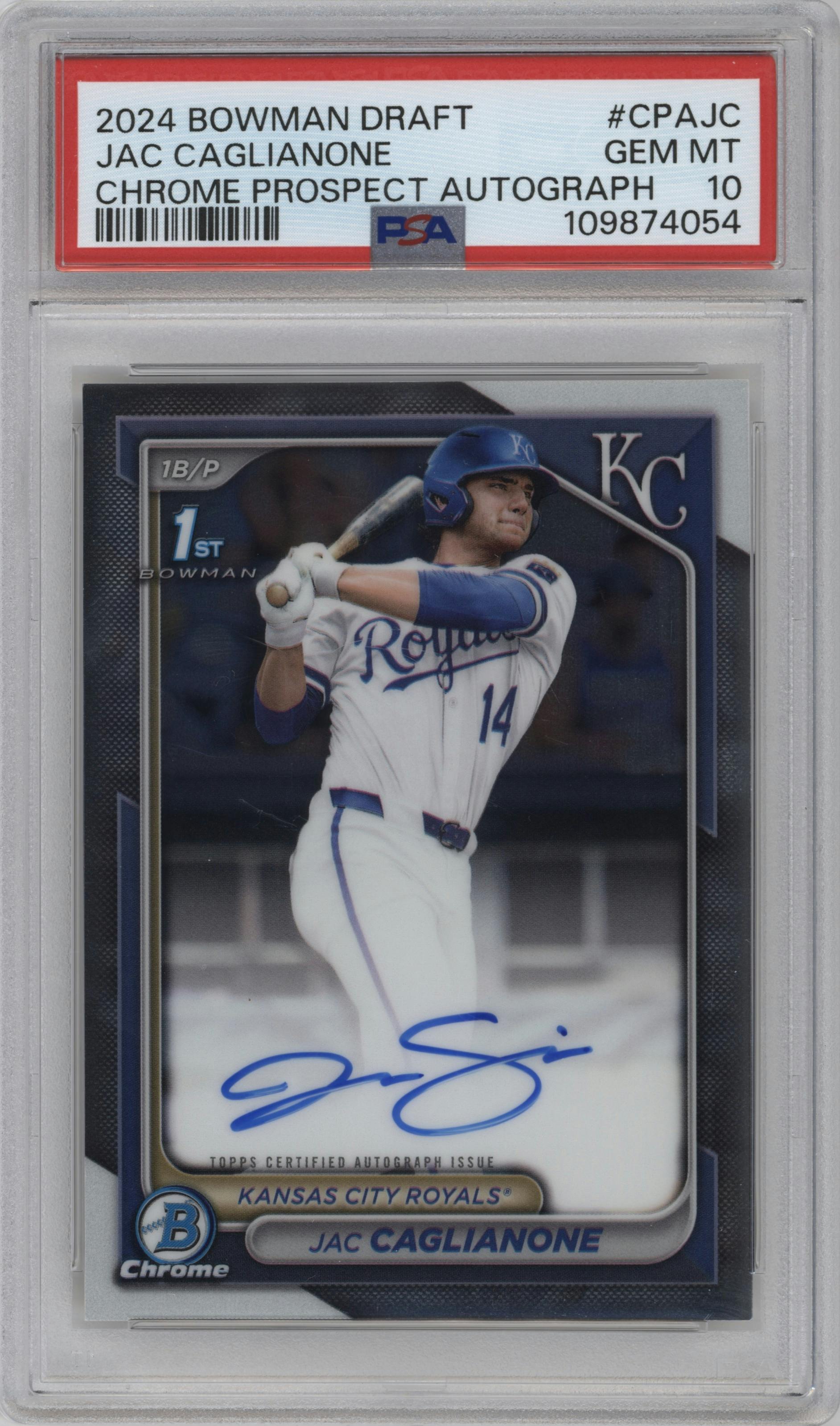 Jac Caglianone from the 2024 Bowman Draft set graded by PSA and given an overall grade of 10.