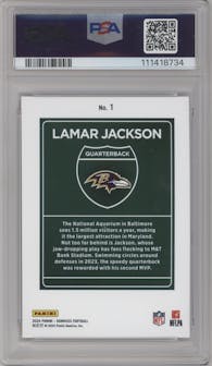 Lamar Jackson from the 2024 Donruss set graded by PSA and given an overall grade of 8.