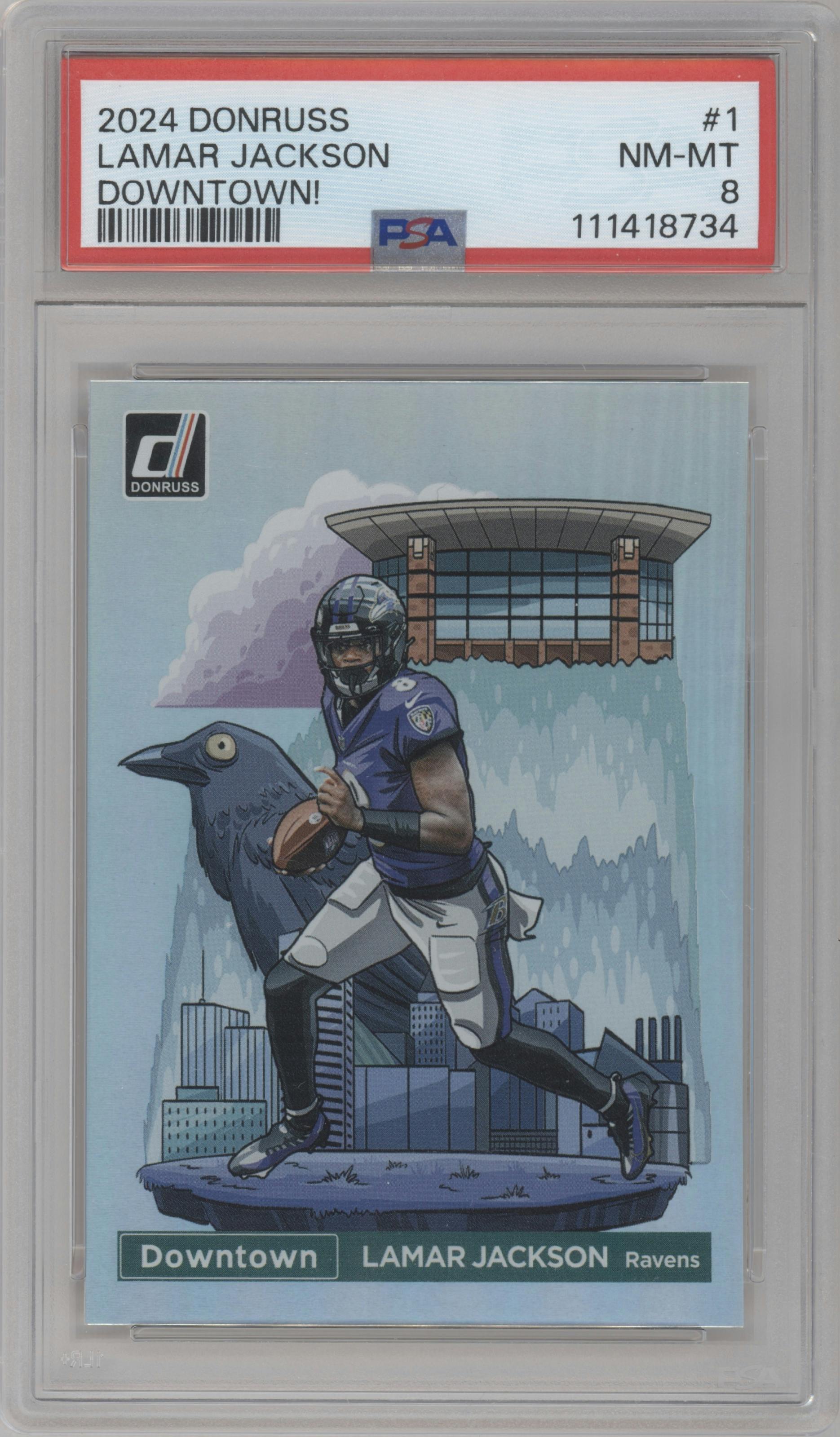 Lamar Jackson from the 2024 Donruss set graded by PSA and given an overall grade of 8.