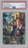 Bryce Young from the 2023 Panini Prizm set featuring a Green Ice parallel graded by PSA and given an overall grade of 10.