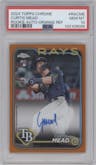 Curtis Mead from the 2024 Topps Chrome set featuring a Orange Refractor parallel graded by PSA and given an overall grade of 10.