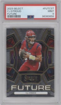 C.J. Stroud from the 2023 Panini Select set graded by PSA and given an overall grade of 9.