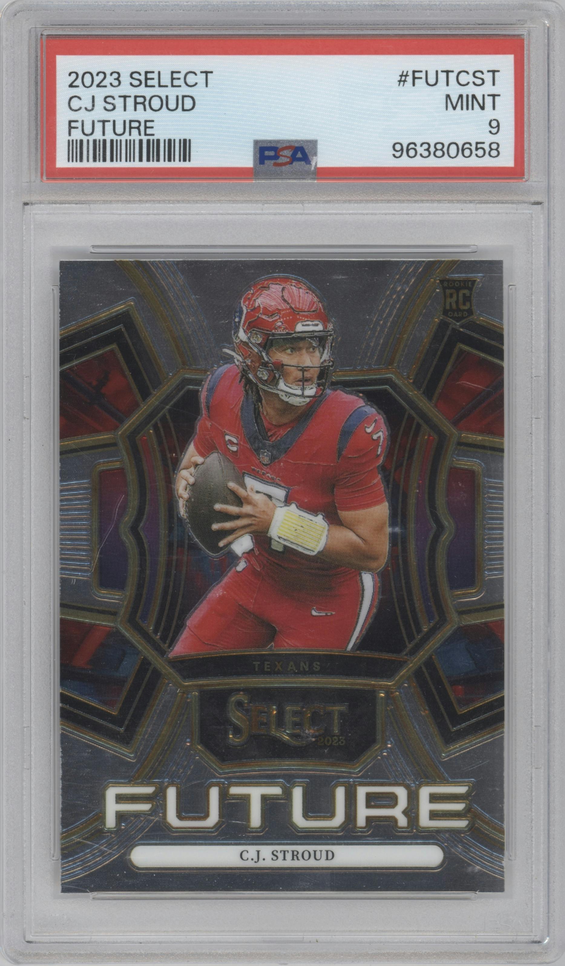 C.J. Stroud from the 2023 Panini Select set graded by PSA and given an overall grade of 9.