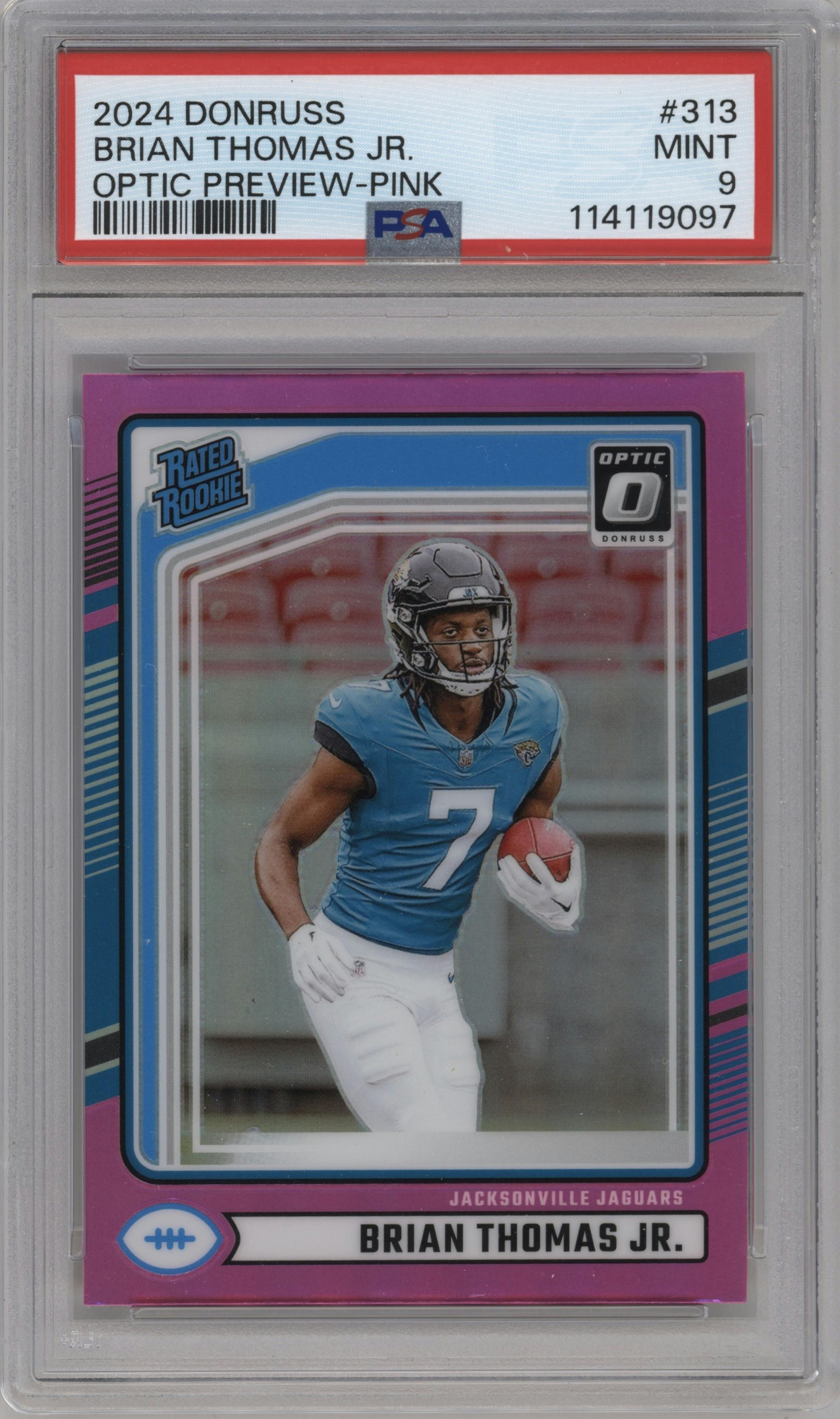 Brian Thomas Jr. from the 2024 Donruss set featuring a Pink parallel graded by PSA and given an overall grade of 9.