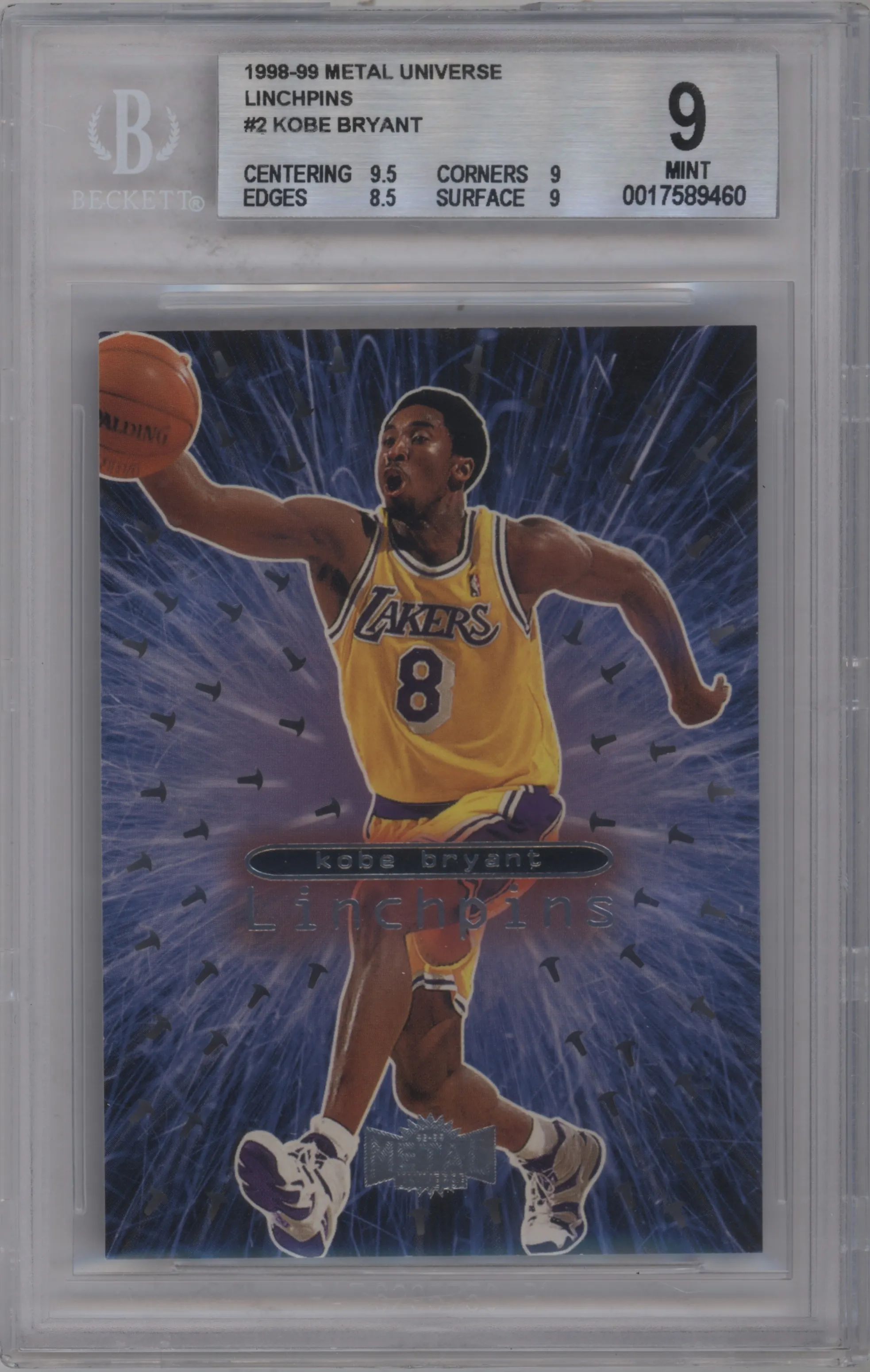 Kobe Bryant from the 1998-99 Skybox Metal Universe set graded by Beckett and given an overall grade of 9.
