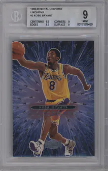 Kobe Bryant from the 1998-99 Skybox Metal Universe set graded by Beckett and given an overall grade of 9.