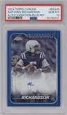 Anthony Richardson from the 2024 Topps Chrome set featuring a Blue Refractor parallel graded by PSA and given an overall grade of 10.