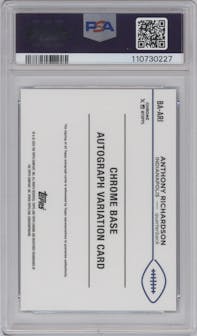 Anthony Richardson from the 2024 Topps Chrome set featuring a Blue Refractor parallel graded by PSA and given an overall grade of 10.