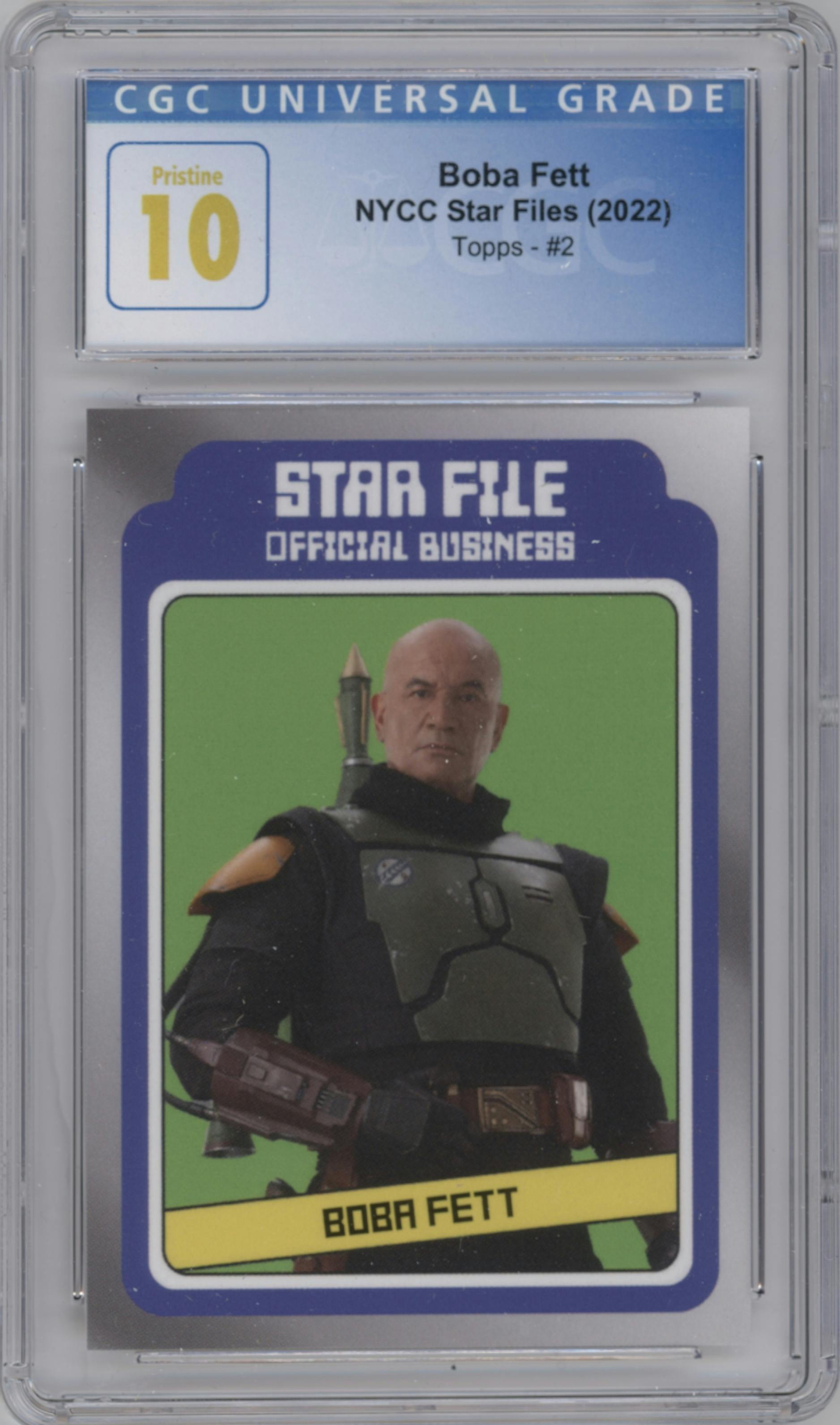 Boba Fett from the 2022 Topps Star Wars Star Files NYCC set graded by CSG and given an overall grade of 10.
