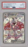 Charizard ex from the 2024 Pokemon SV set featuring a Paldean Fates Tera Charizard ex tin parallel graded by PSA and given an overall grade of 10.