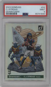 C.J. Stroud from the 2023 Panini Donruss set graded by PSA and given an overall grade of 9.