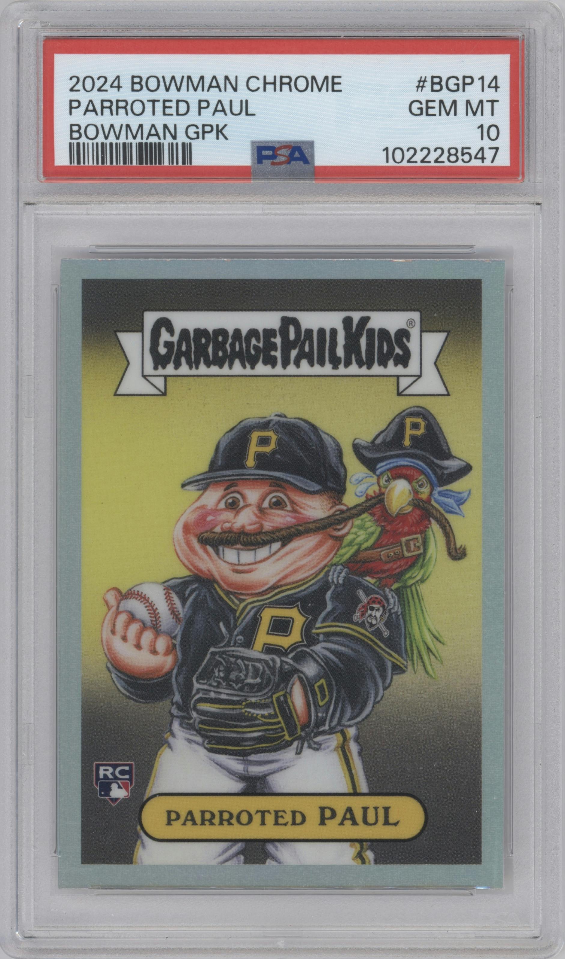 Parroted Paul from the 2024 Bowman Chrome set graded by PSA and given an overall grade of 10.