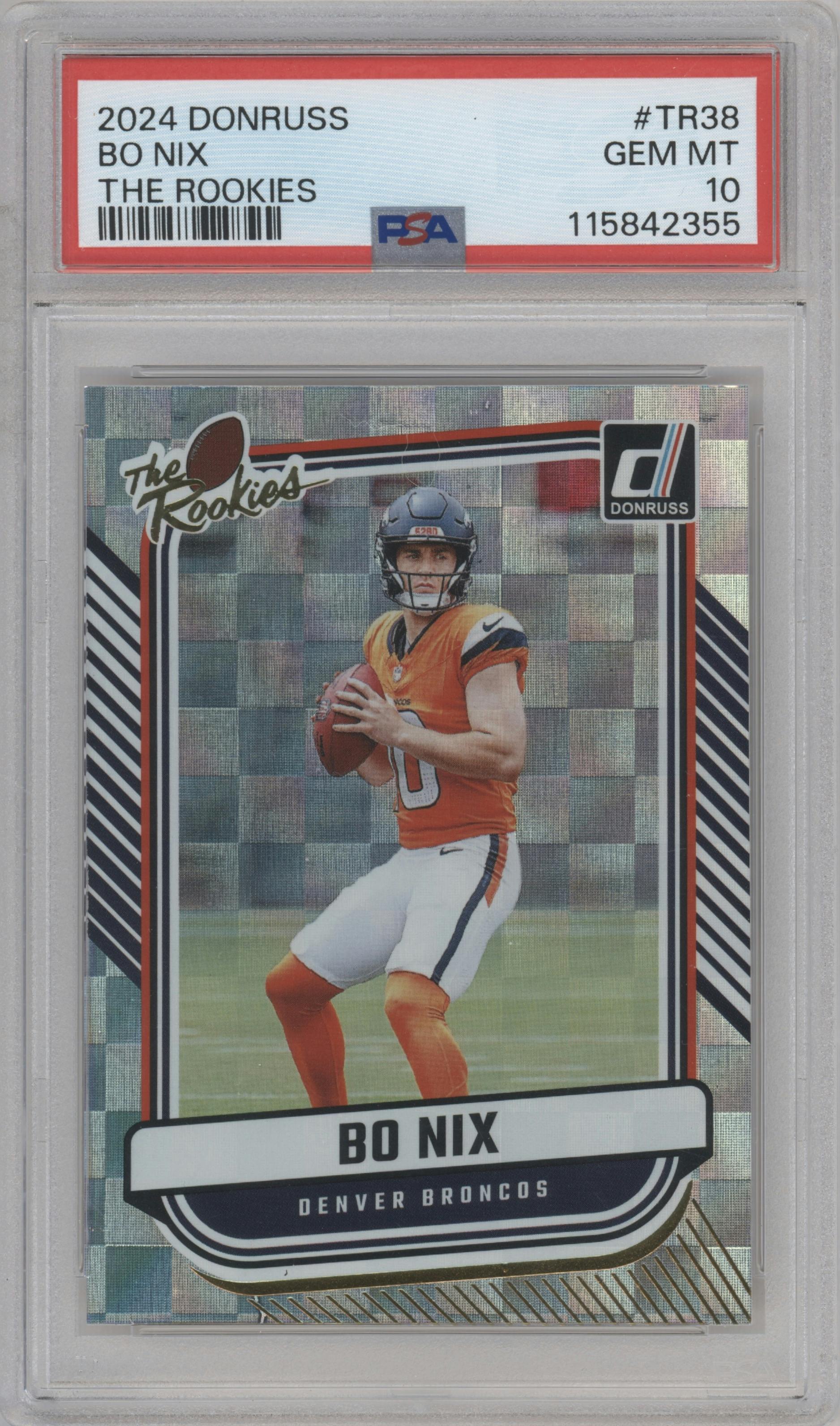 Bo Nix from the 2024 Donruss set graded by PSA and given an overall grade of 10.
